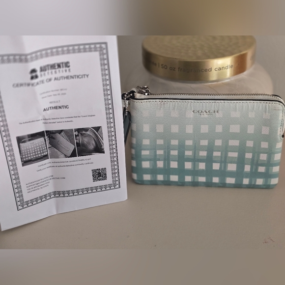 Coach Gingham Saffiano L-Zip Small Wristlet With COA - Picture 9 of 12